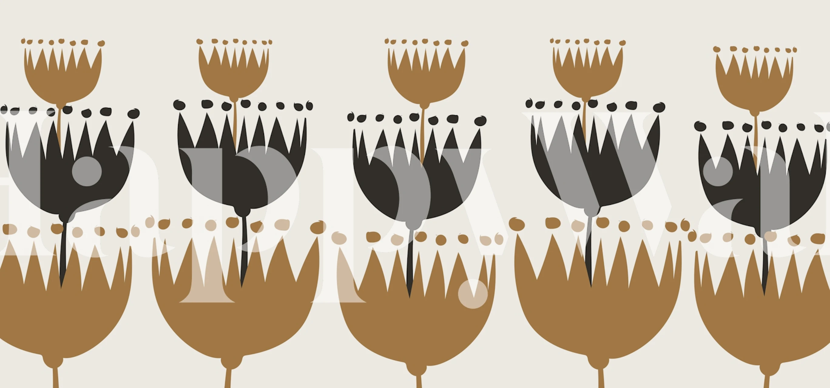 Mid Century Wildflowers wall mural with stylized floral patterns in beige and brown tones