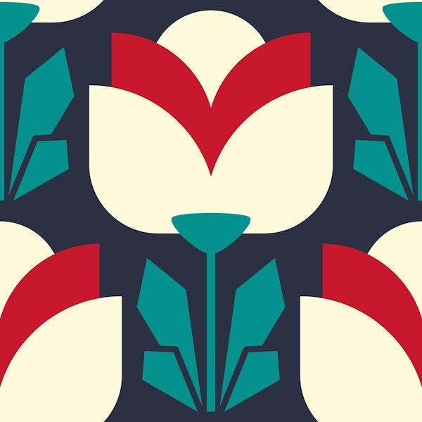 Geometric flowers, teal and red (2778 B)