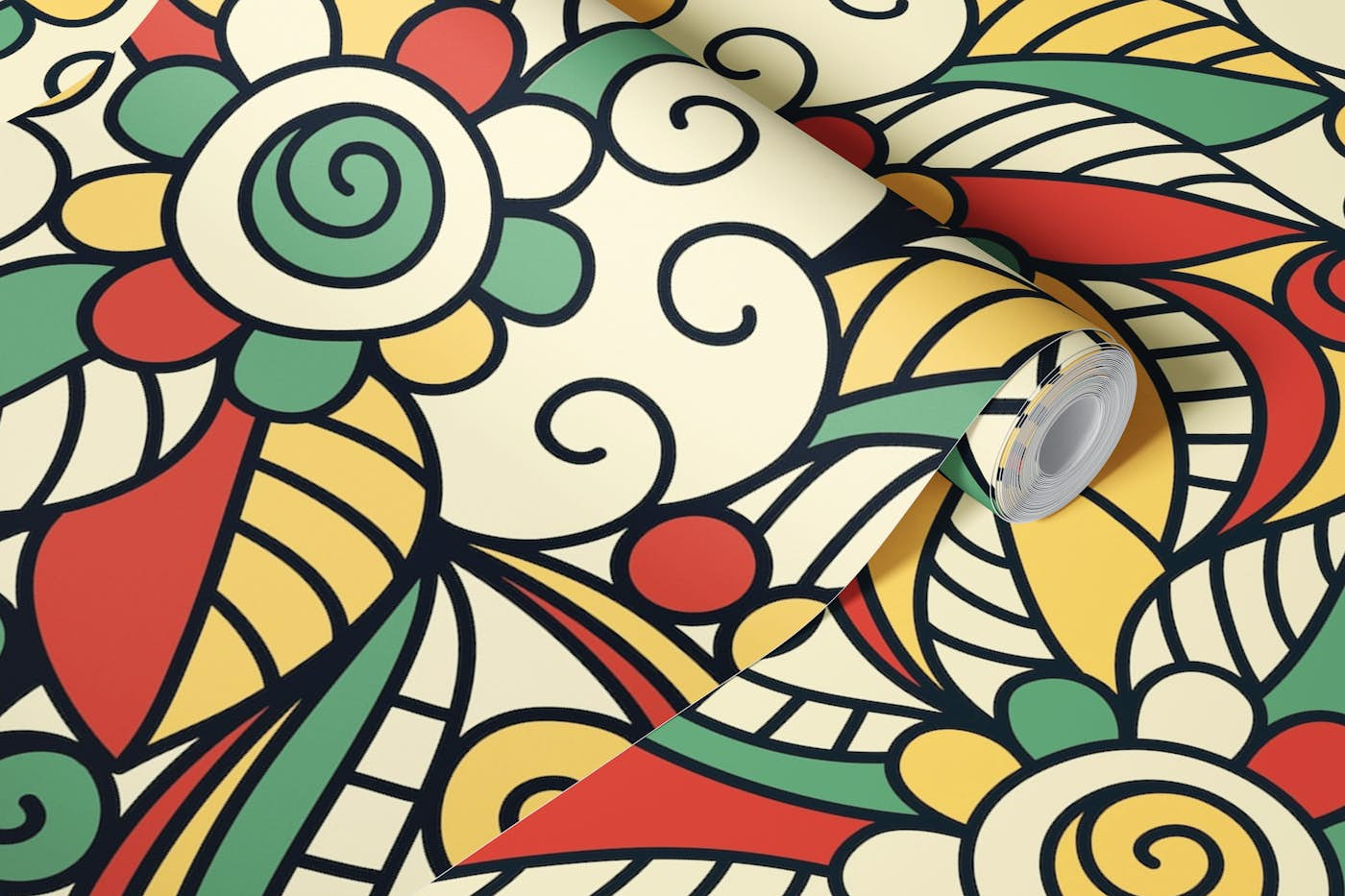 Hand drawn pattern, yellow and green (2792 C) wallpaper roll