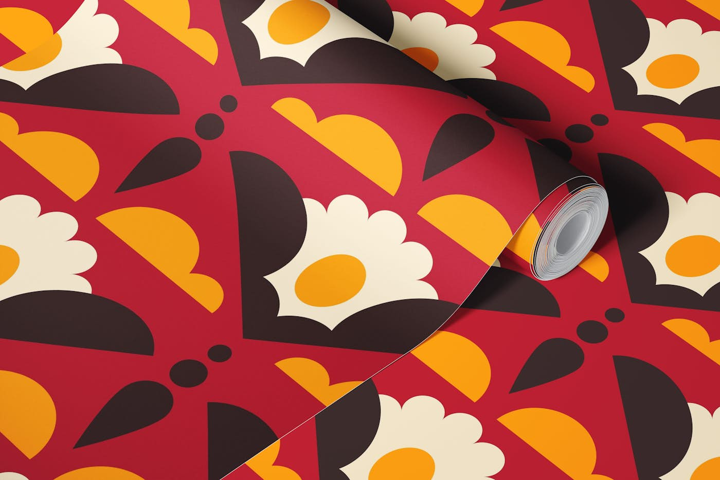 Geometric retro daisies, red (2849 C) wallpaper roll