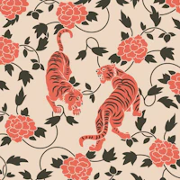 Chinese Vintage Tigers Floral Mural wallpaper