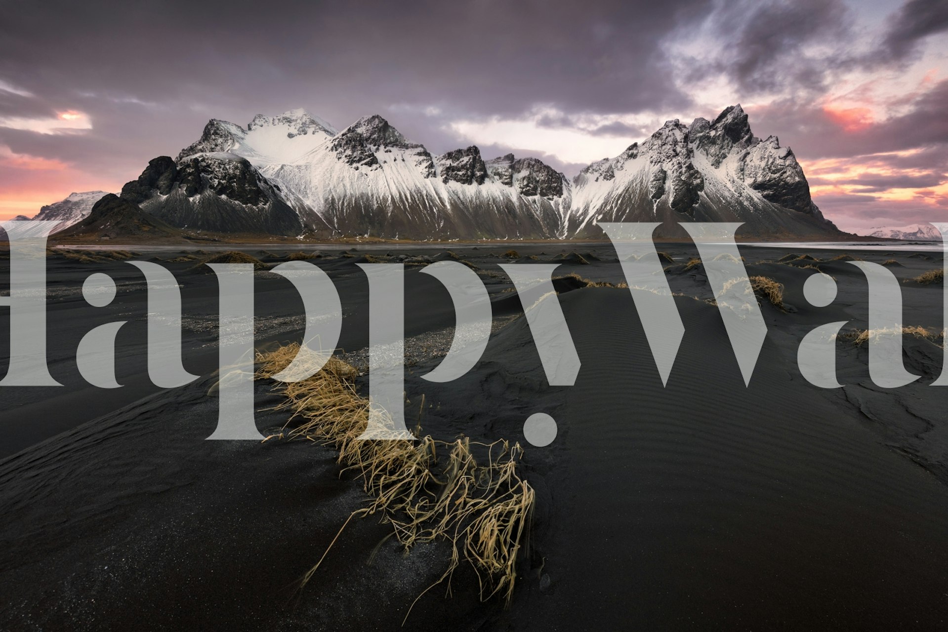 Black sands patterned wallpaper with mountains and golden grass