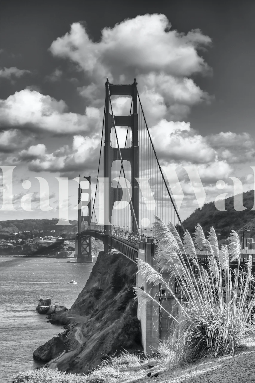 Sort og hvidt vægmaleri af Golden Gate Bridge i San Francisco