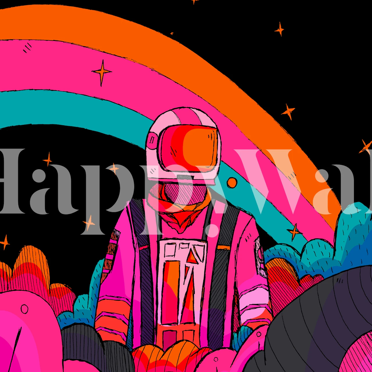 Colorful astronaut in pink and blue clouds with a rainbow wallpaper