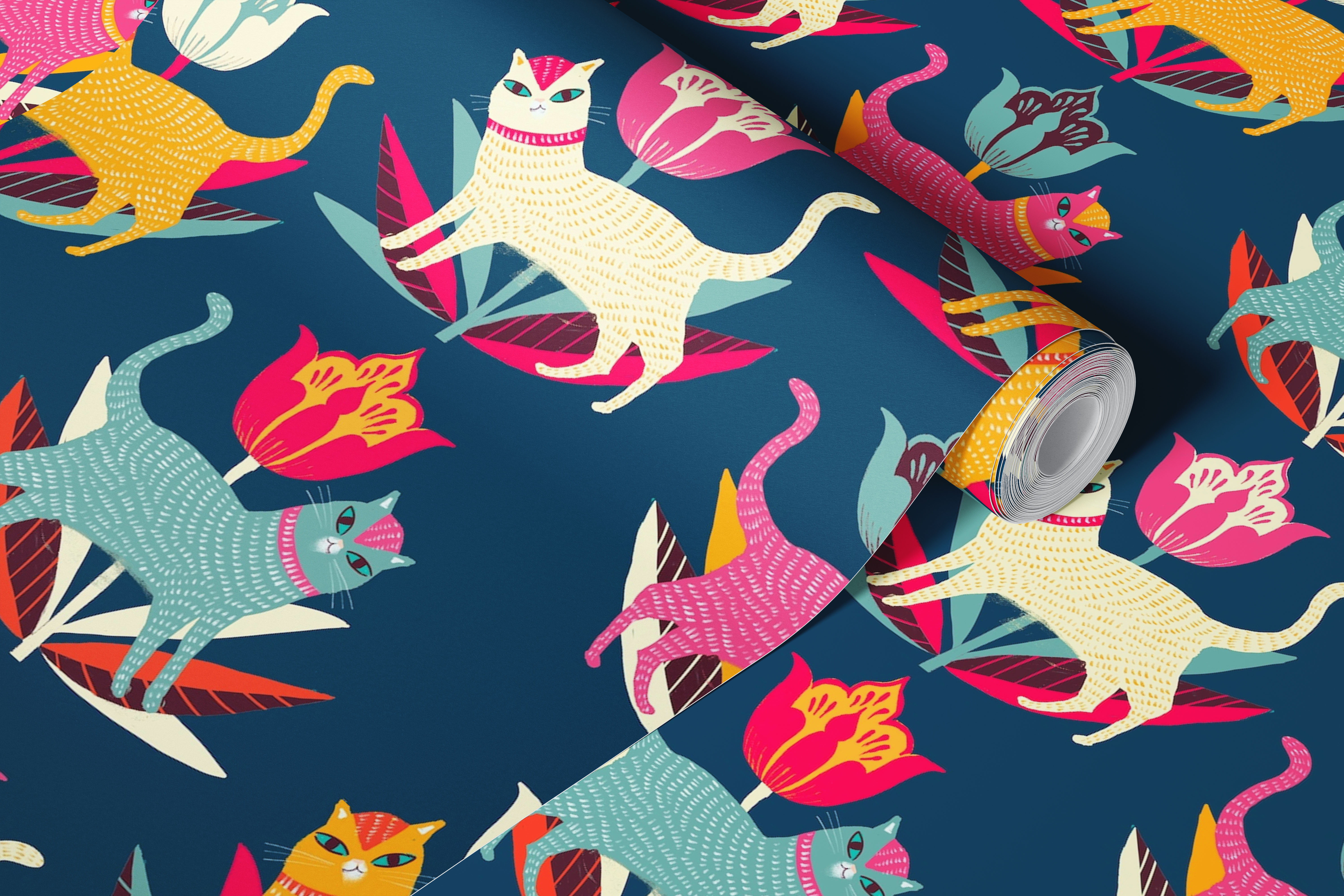 Colorful wall mural featuring playful cats and vibrant tulips on a navy background