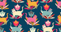 bright cats and tulips dark blue tapeta