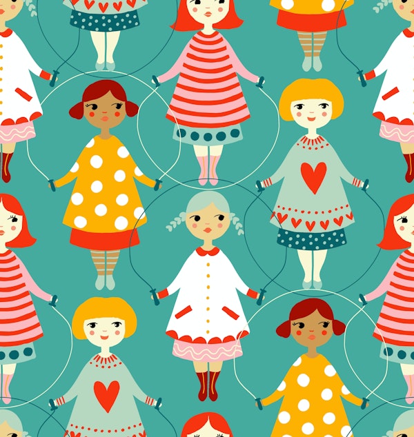 rope skipping girls on turquoise