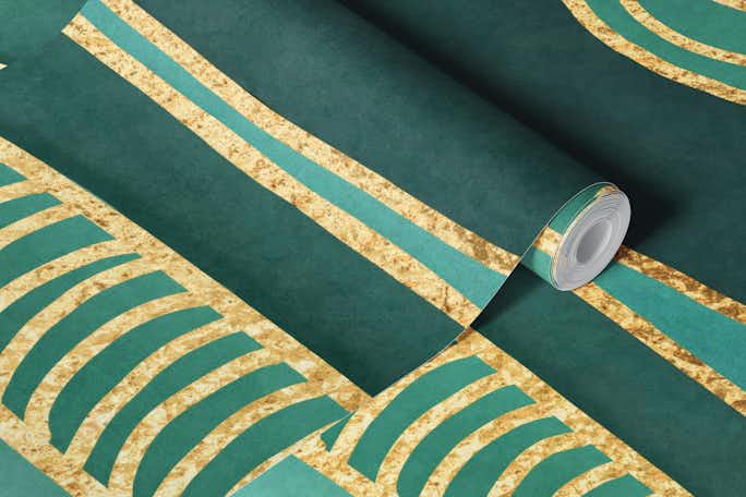 Shapes Mid Century Art Teal Green Goldwallpaper roll