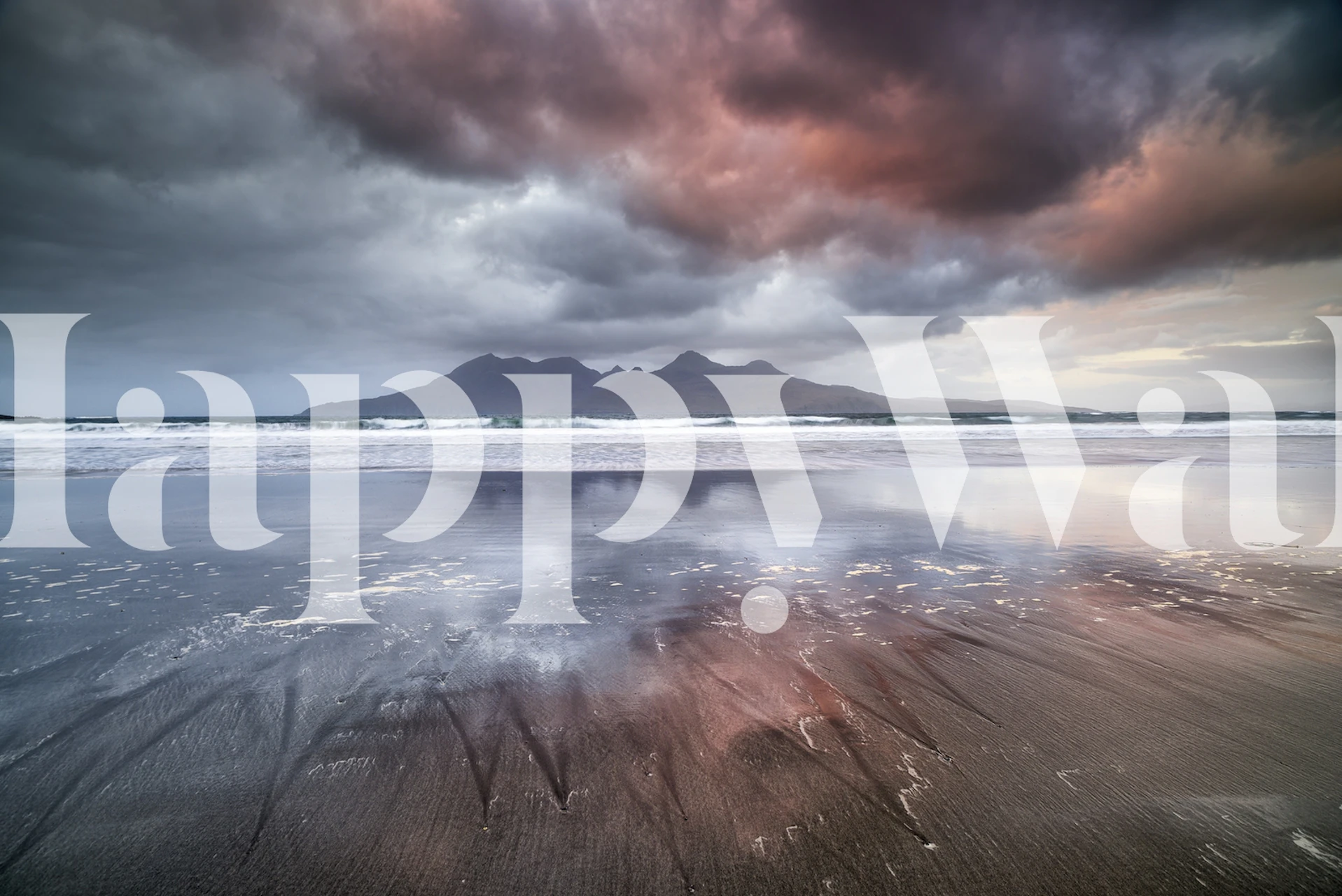 Laig Beach wall mural with dramatic clouds and tranquil seashore