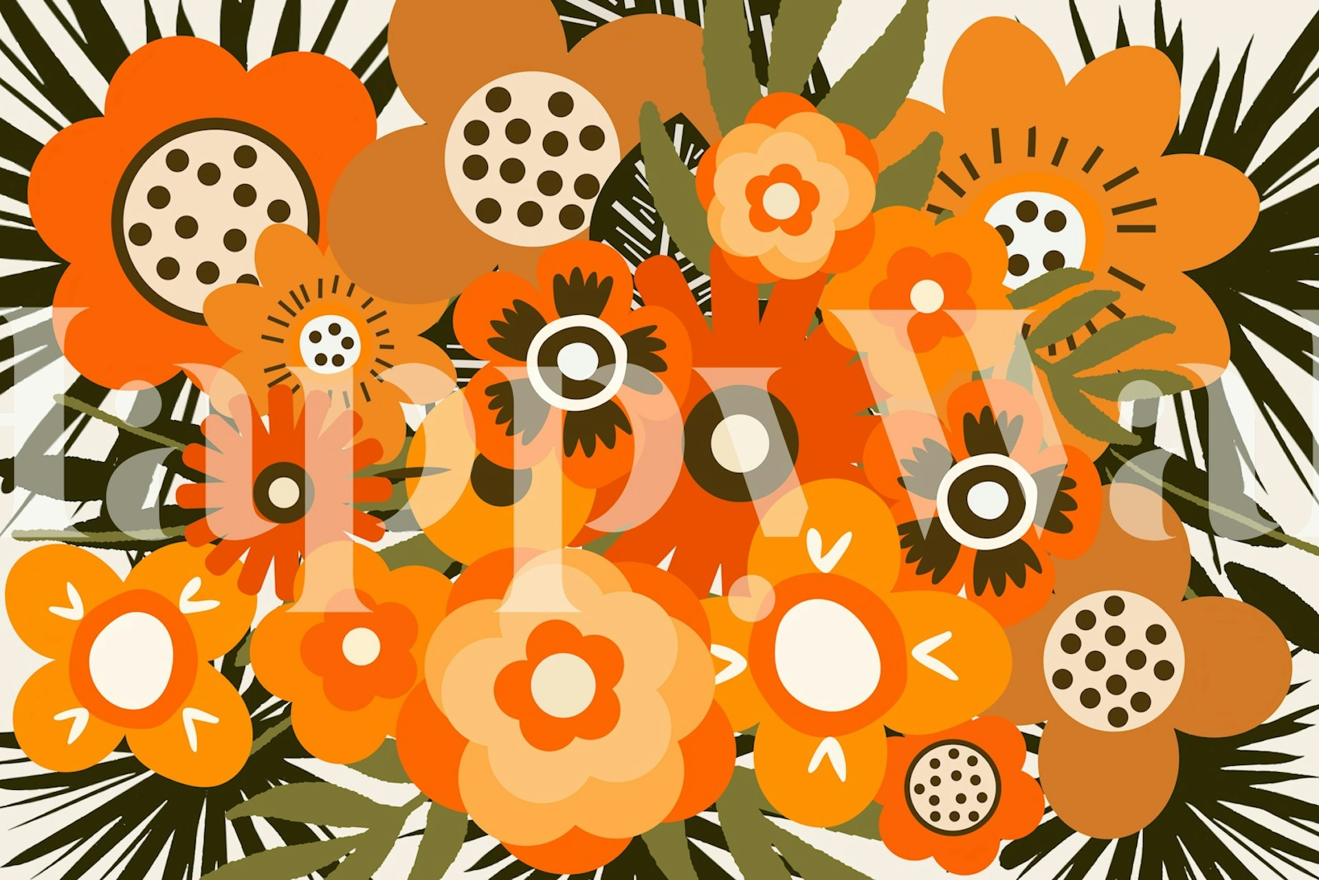 Colorful mid-century floral wallpaper featuring orange and green flowers