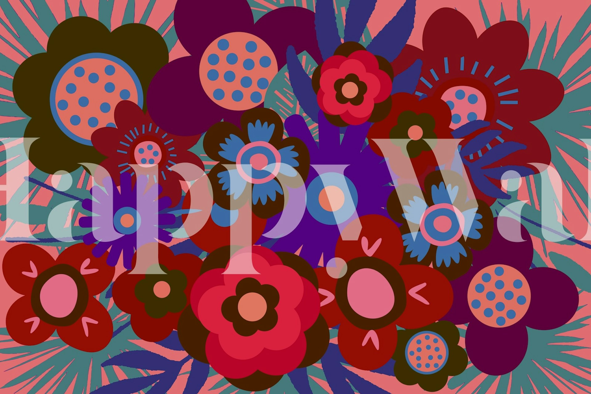 Mural de parede abstrato de arte floral de meados do século com cores vibrantes