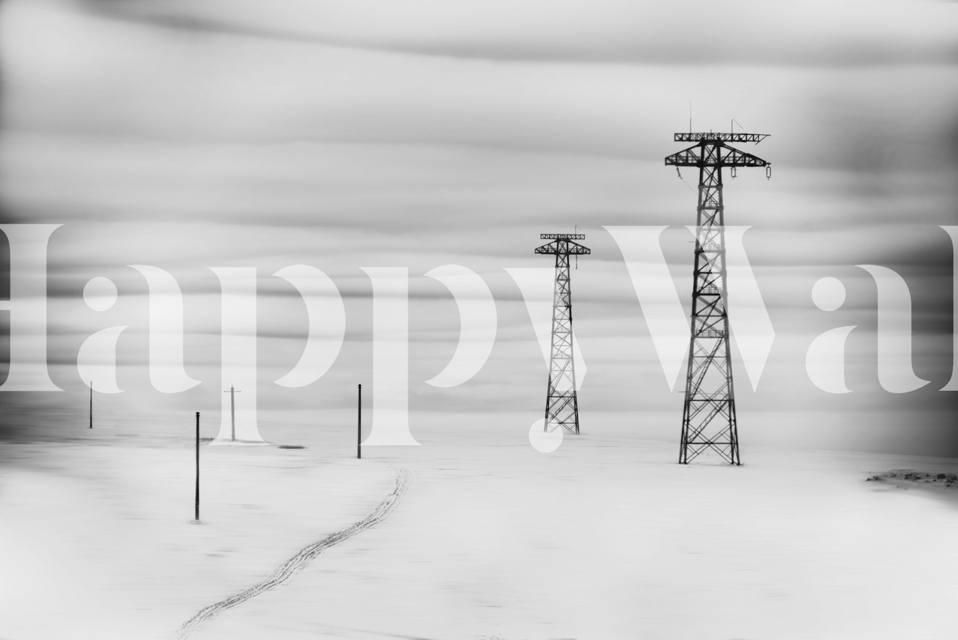 Monochrome winter landscape wall mural with electric poles