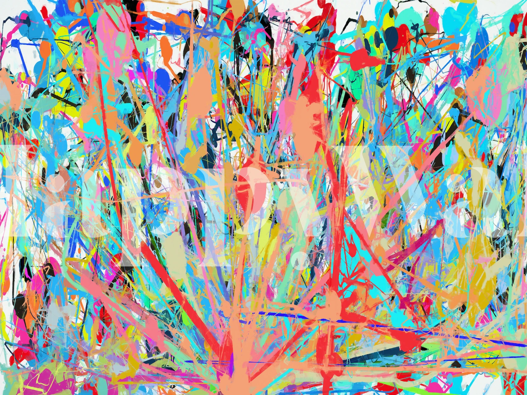 Abstrakt ekspresjonistisk inspirert veggmaleri med en levende eksplosjon av farger