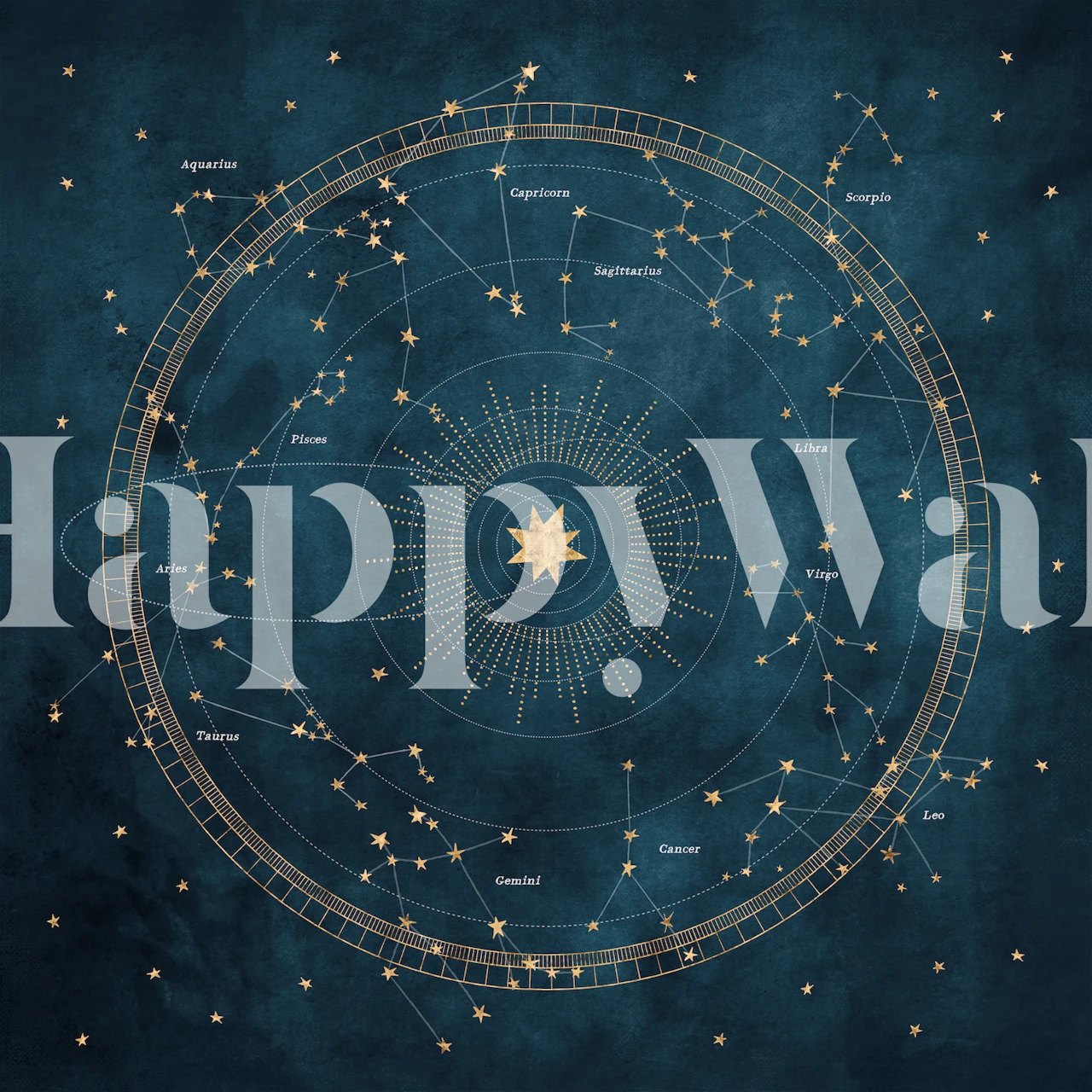 Astrološka zidna slika nadahnuta starinom s nebeskim dijagramima i zlatnim simbolima na plavoj pozadini.