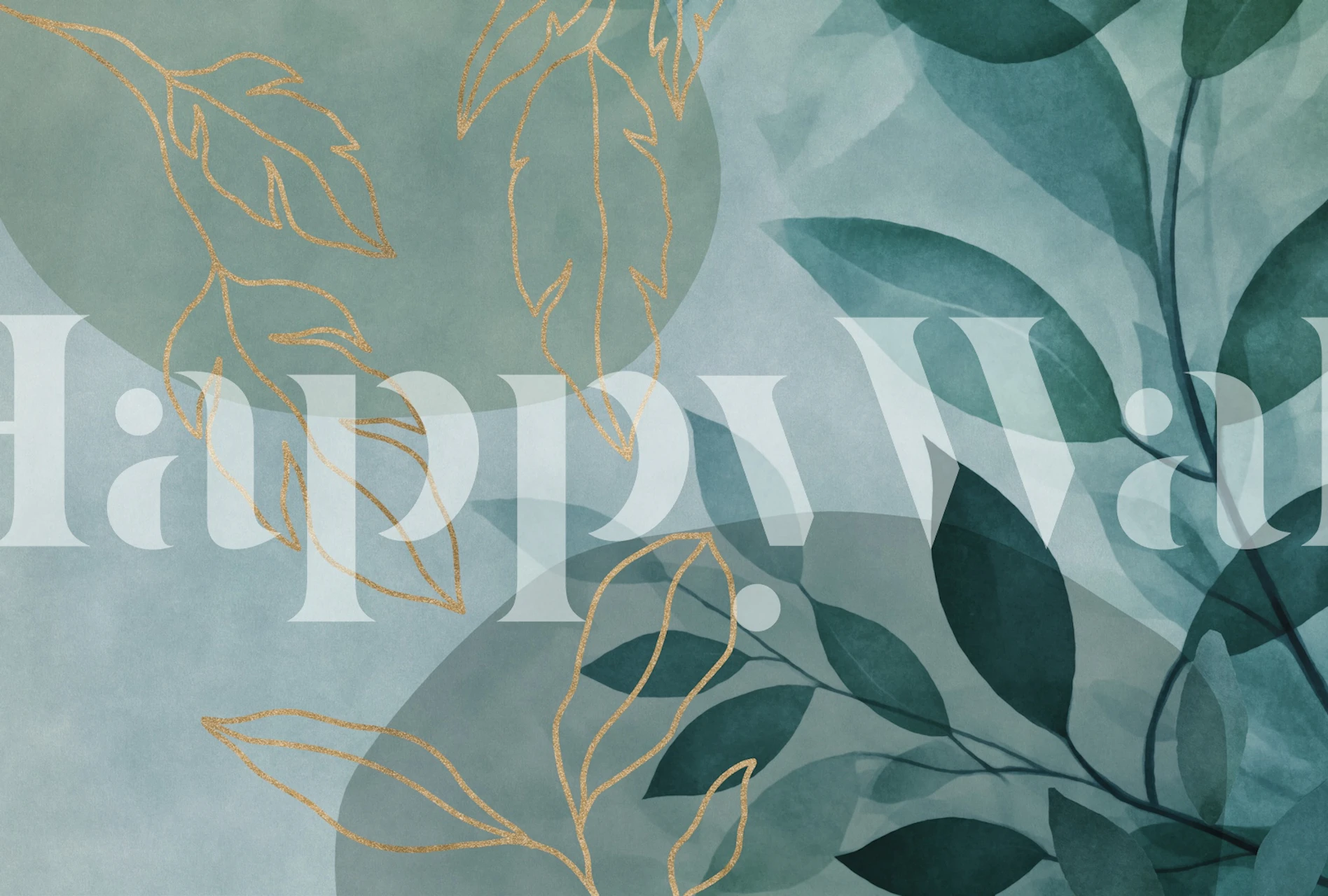 Leafy Elegance Modern Nature Art Teal wall mural with teal and soft blue foliage and gold accents