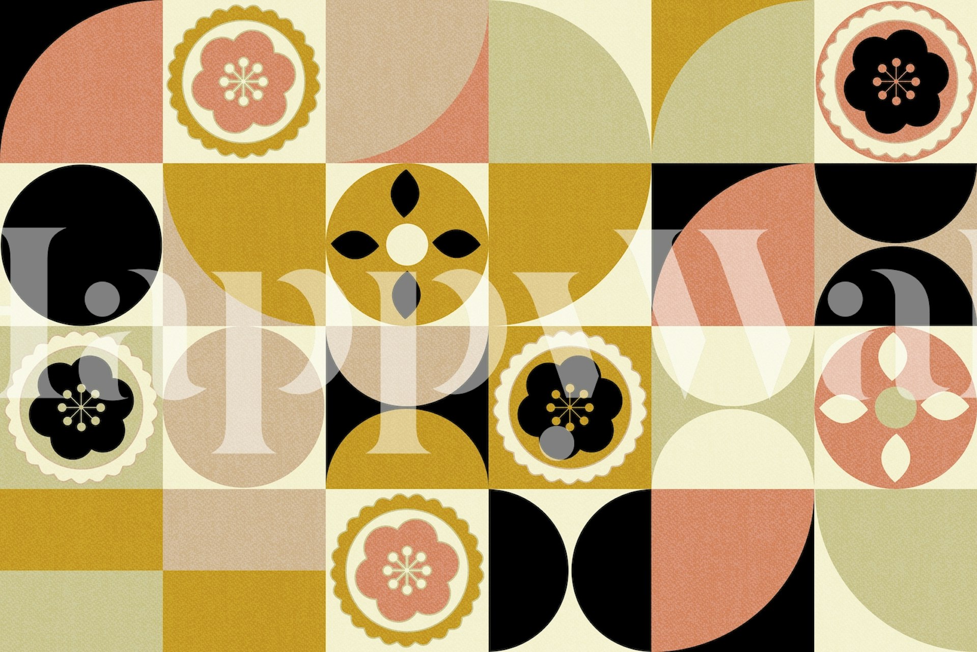 Geometric floral designs in gold, black, pink, and cream wallpaper