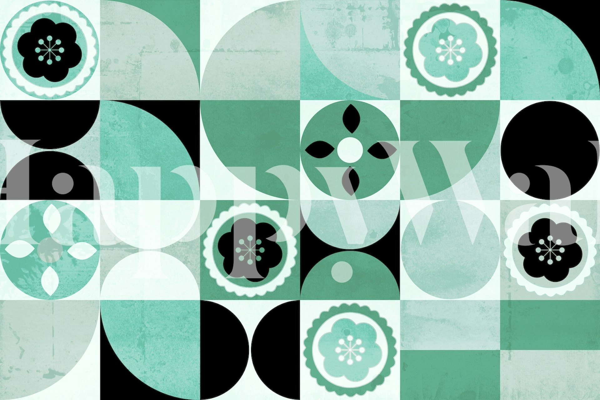 Geometric mint green and black wallpaper with floral motifs