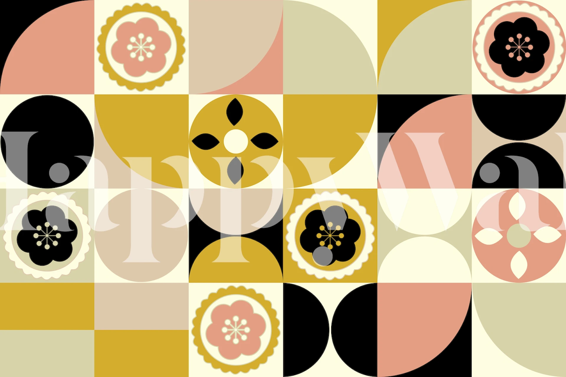 Vintage retro floral wallpaper featuring black, yellow, and pink geometric patterns