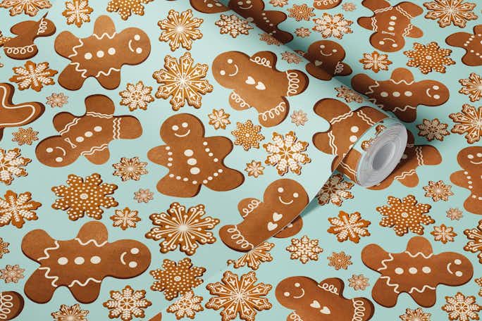 Christmas Gingerbread Cookies 1 on Light Bluewallpaper roll