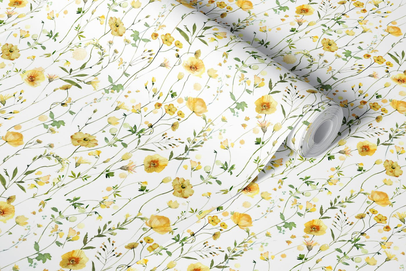 Yellow Watercolor Wildflowers Meadow wallpaper roll