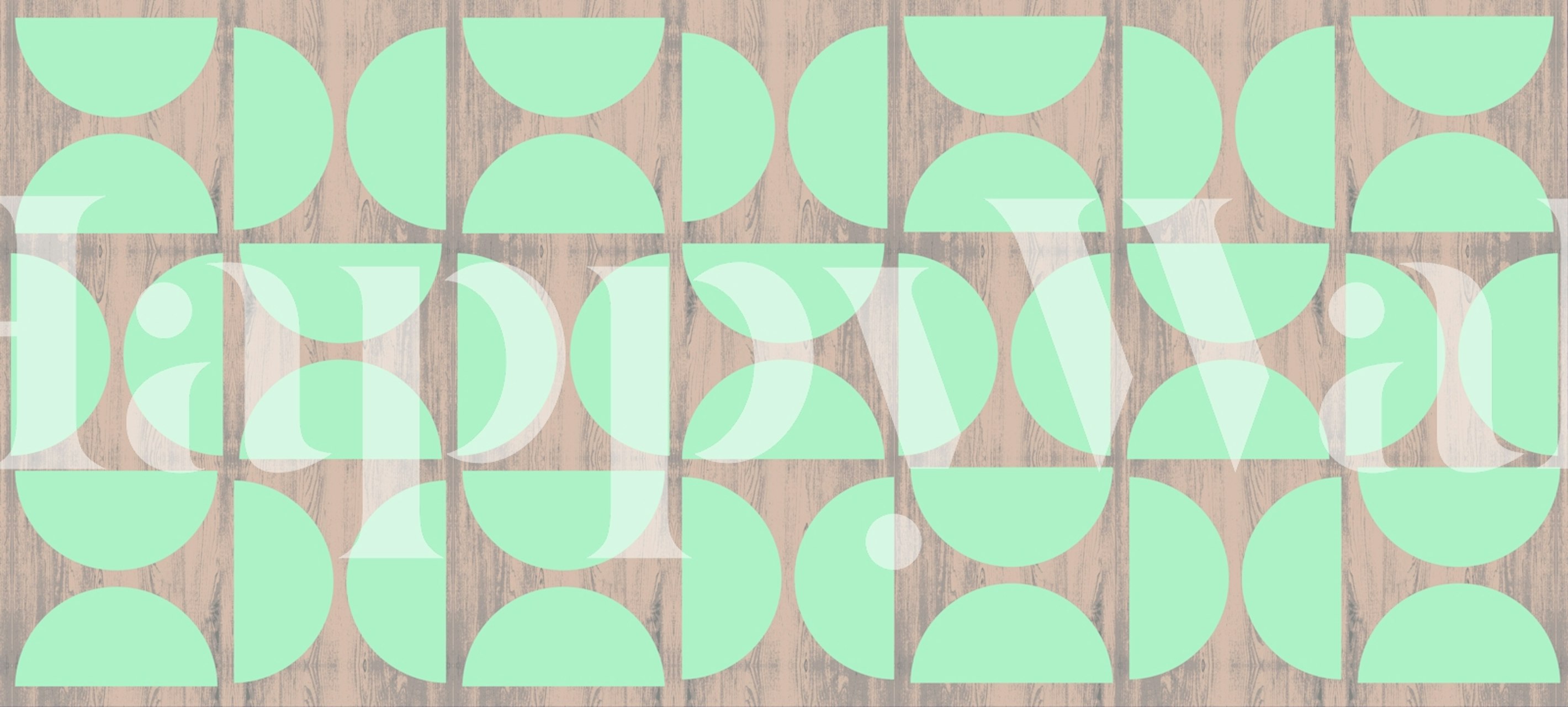Geometric green shapes on textured wood background wallpaper