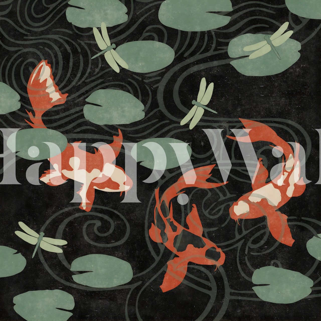 Three koi fish in a dark pond with lily pads wall mural
