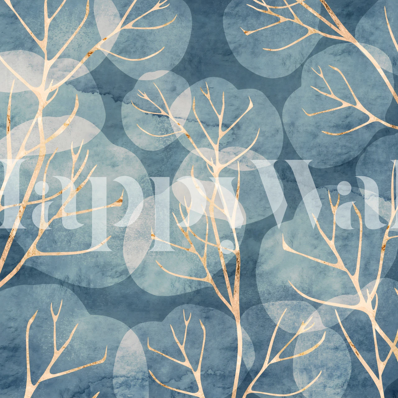 Cyanotype leaf design with gold branches on blue background wallpaper