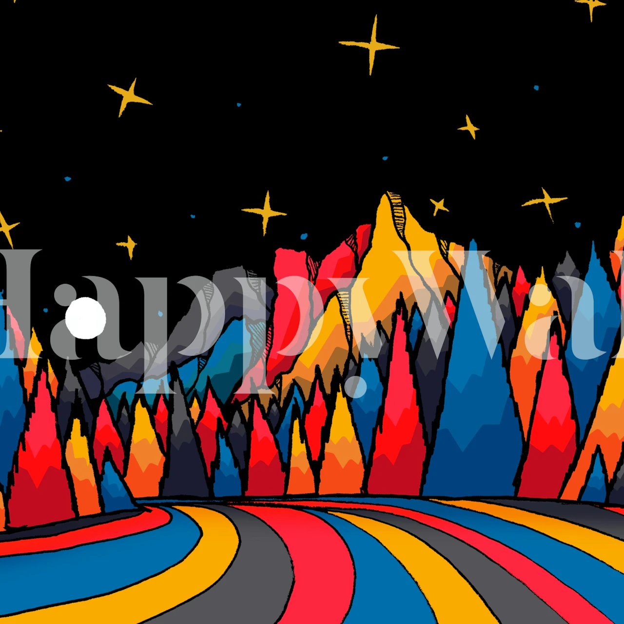 Rainbow forest river wallpaper displayed in a room