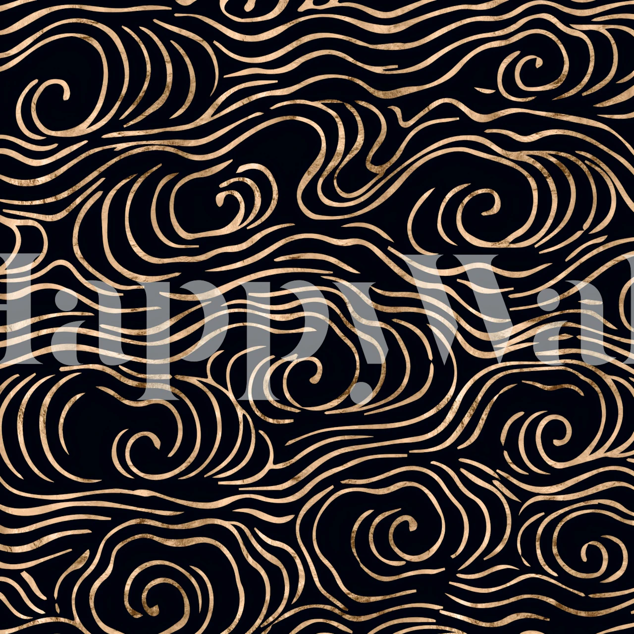 Black wallpaper with gold Japanese wave patterns, modern design.