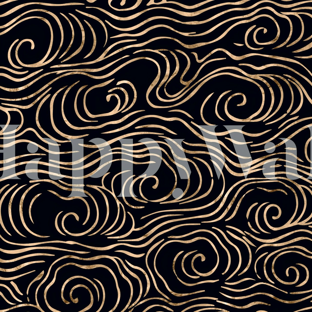 Black wallpaper with gold Japanese wave patterns, modern design.