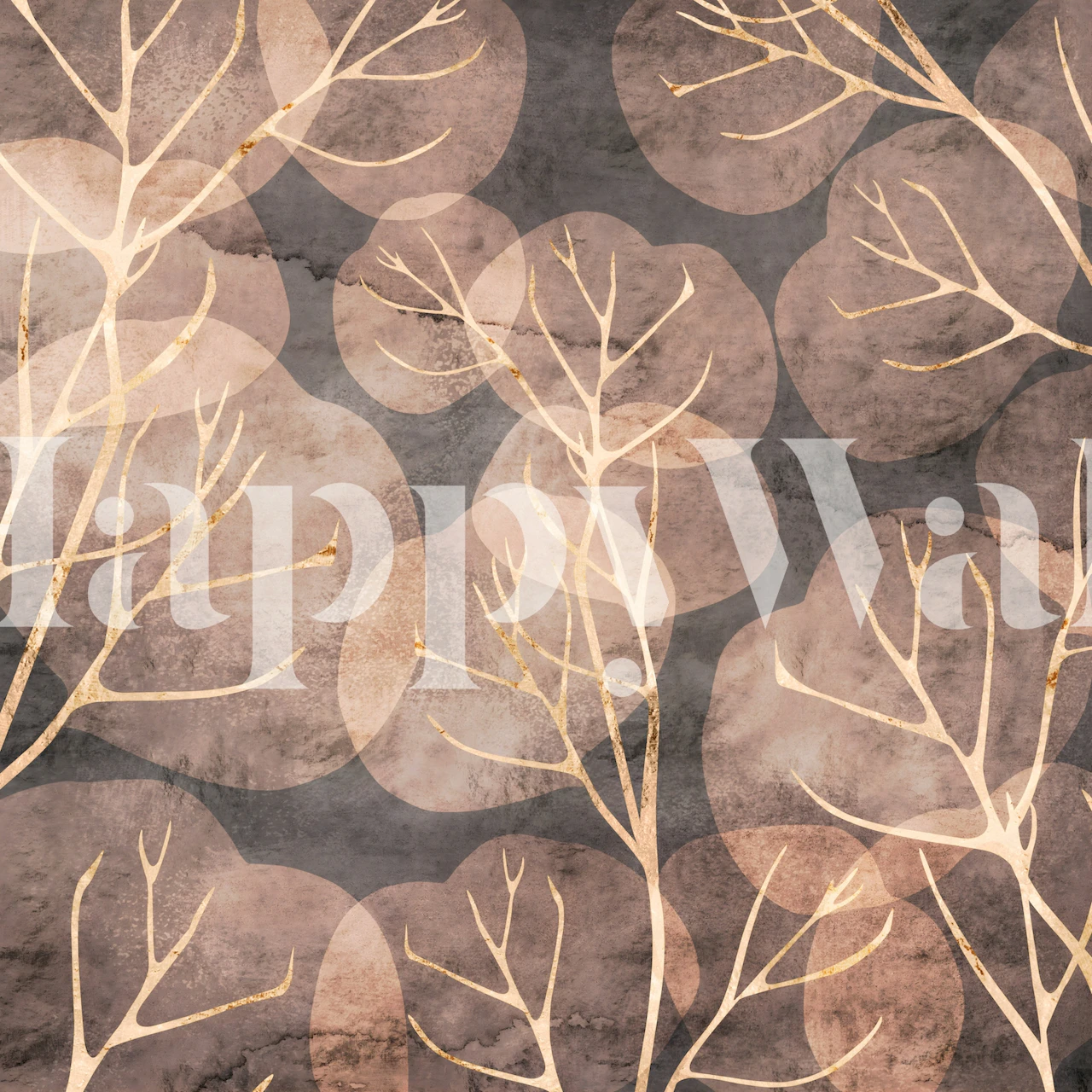 Sepia leaves wall mural with an earthy circular pattern background