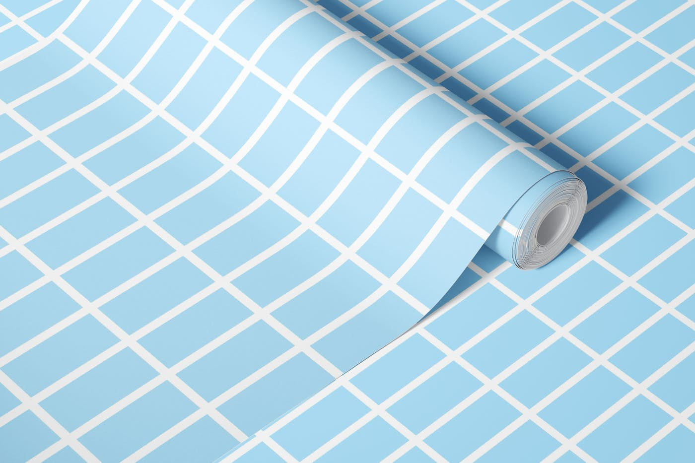 White grid on blue wallpaper roll