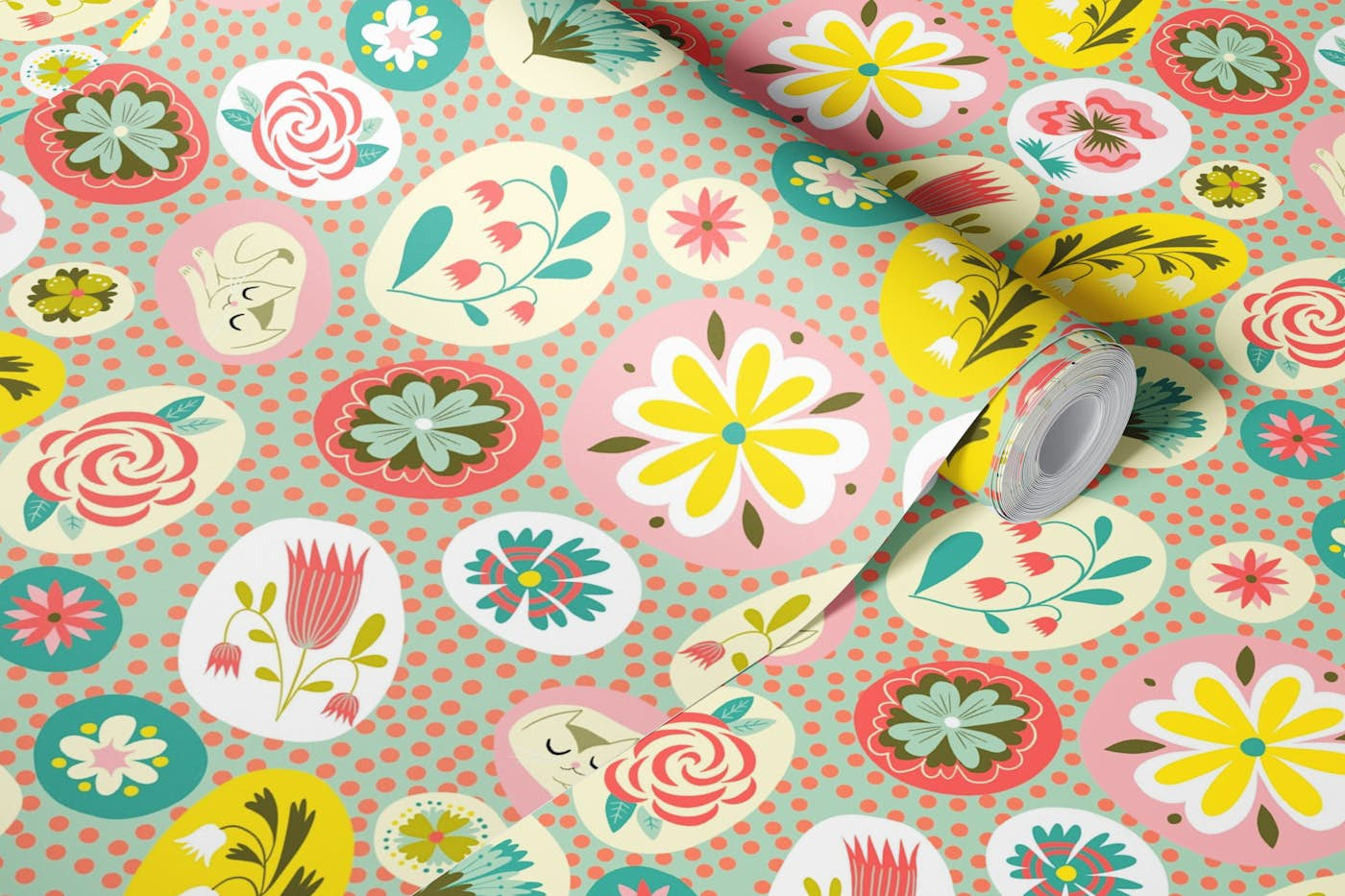 floating florals and sleeping cat wallpaper roll