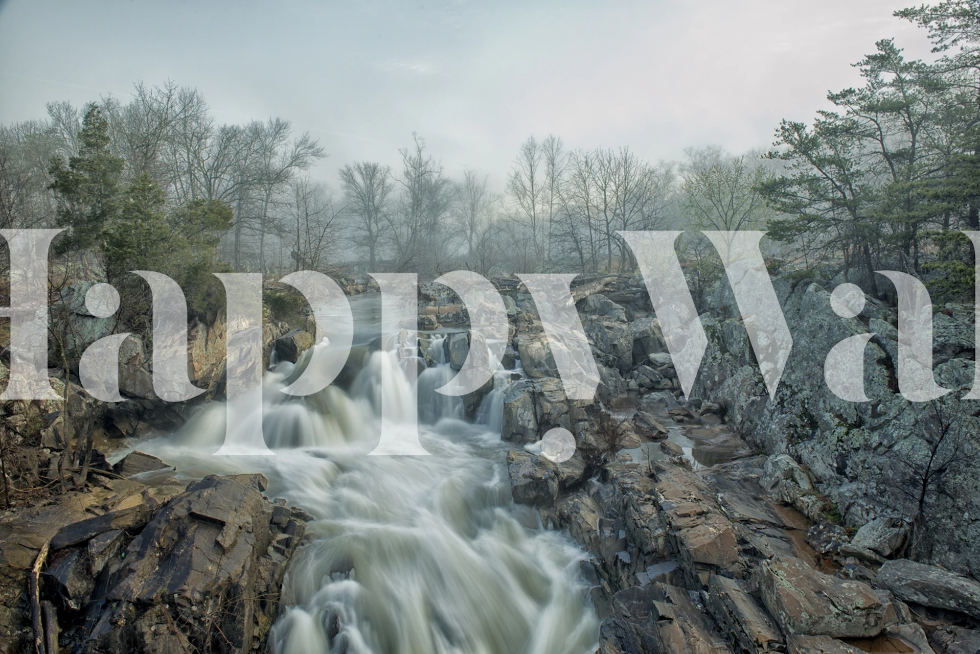 Wallpaper featuring a waterfall and misty forest