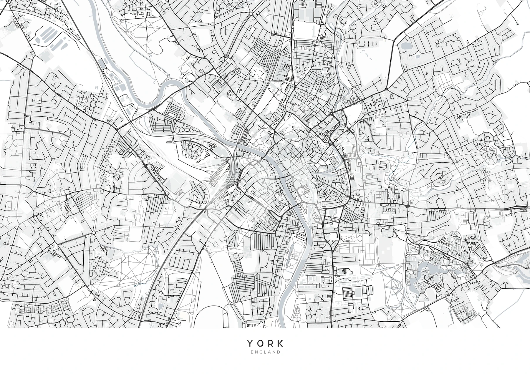 Sort og hvidt detaljeret kort over York, England vægmaleri