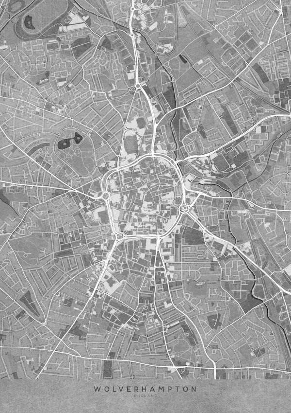 Gray map of Wolverhampton downtown