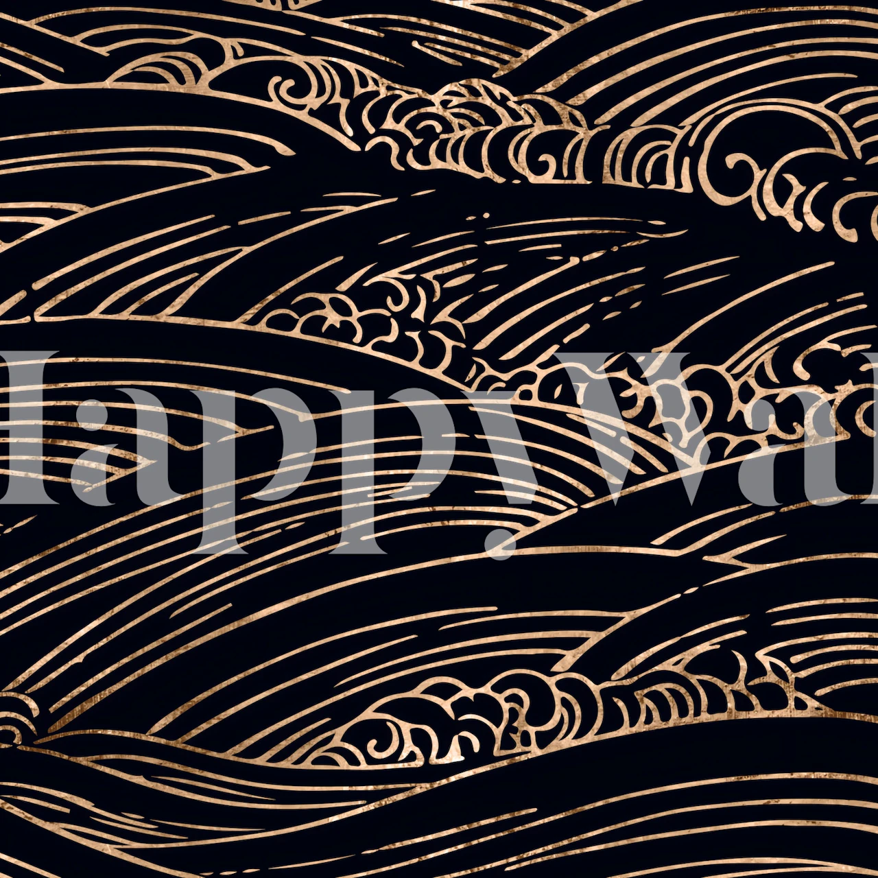 Japanese waves pattern in black and gold wallpaper