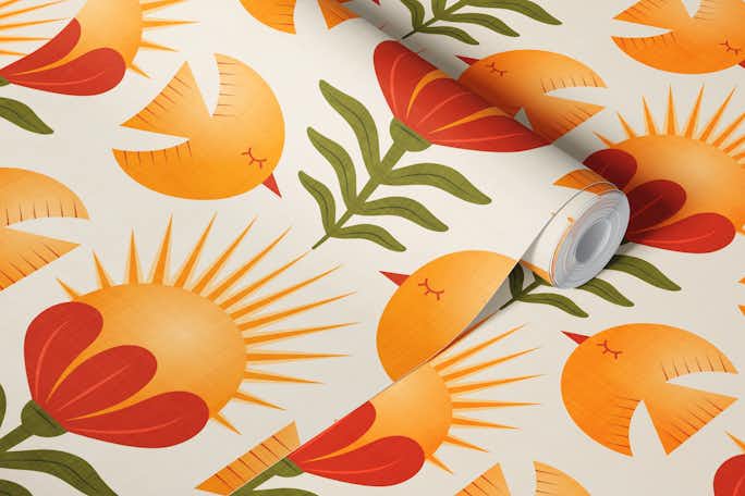Retro Birds Sun and Flowerswallpaper roll