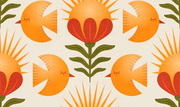 Retro Birds Sun and Flowers