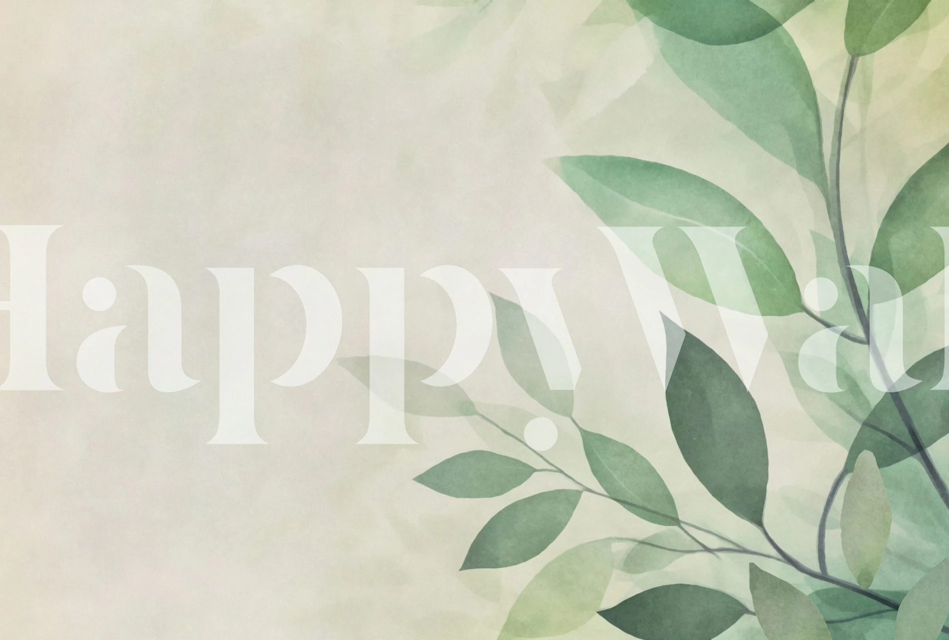 Bløde grønne blade vægmaleri på en neutral baggrund for en fredelig indre æstetik