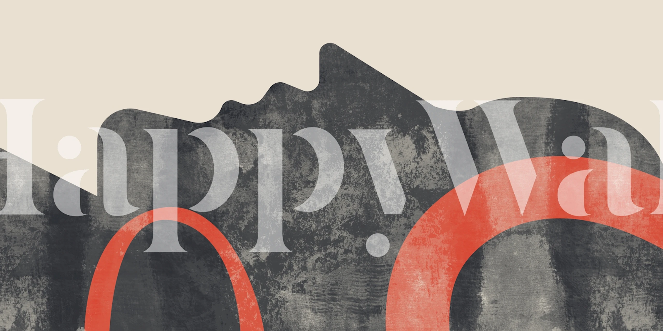 Abstract shapes in grey and red on beige wallpaper