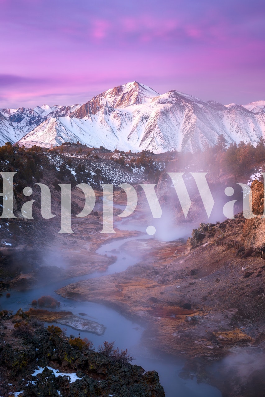 Pink mountain landscape with mist and snow detailed wallpaper