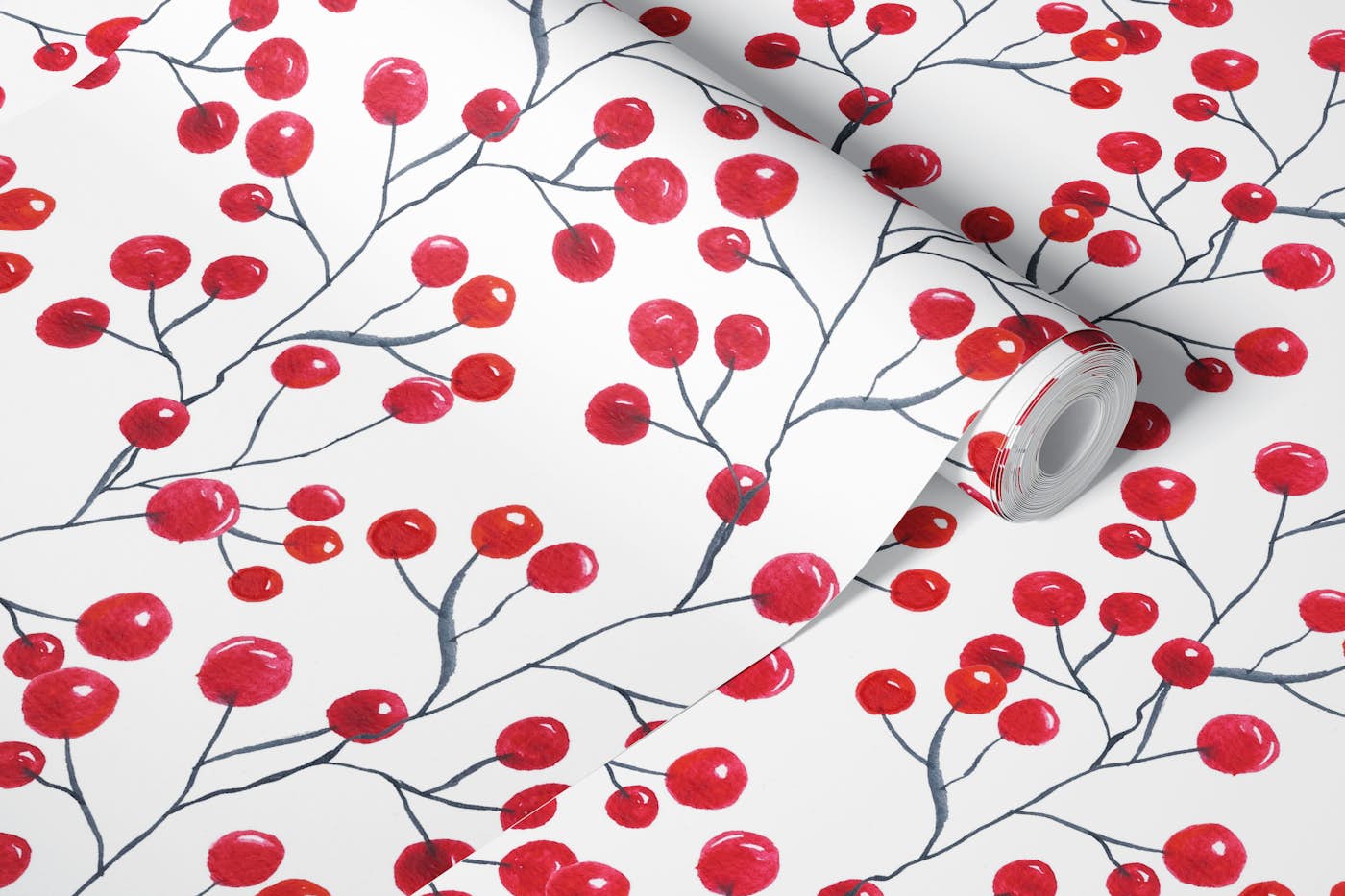 Red Berries Watercolor Painting wallpaper roll