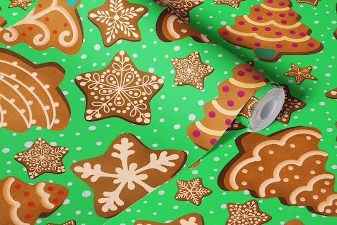 Christmas Gingerbread Cookies 2 on Greenwallpaper roll