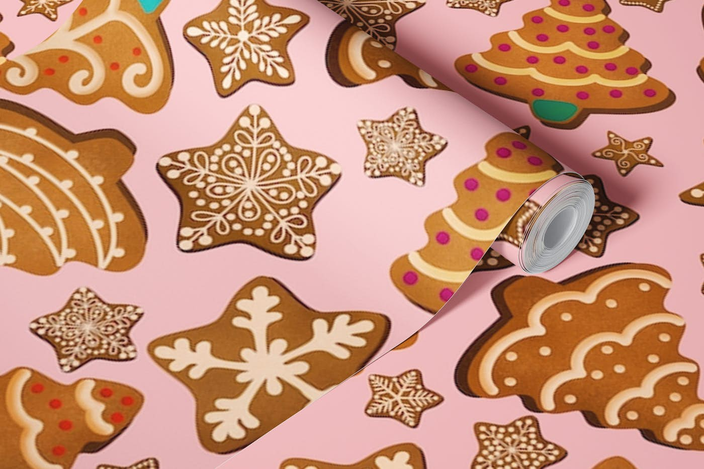 Christmas Gingerbread Cookies 2 on Pink wallpaper roll