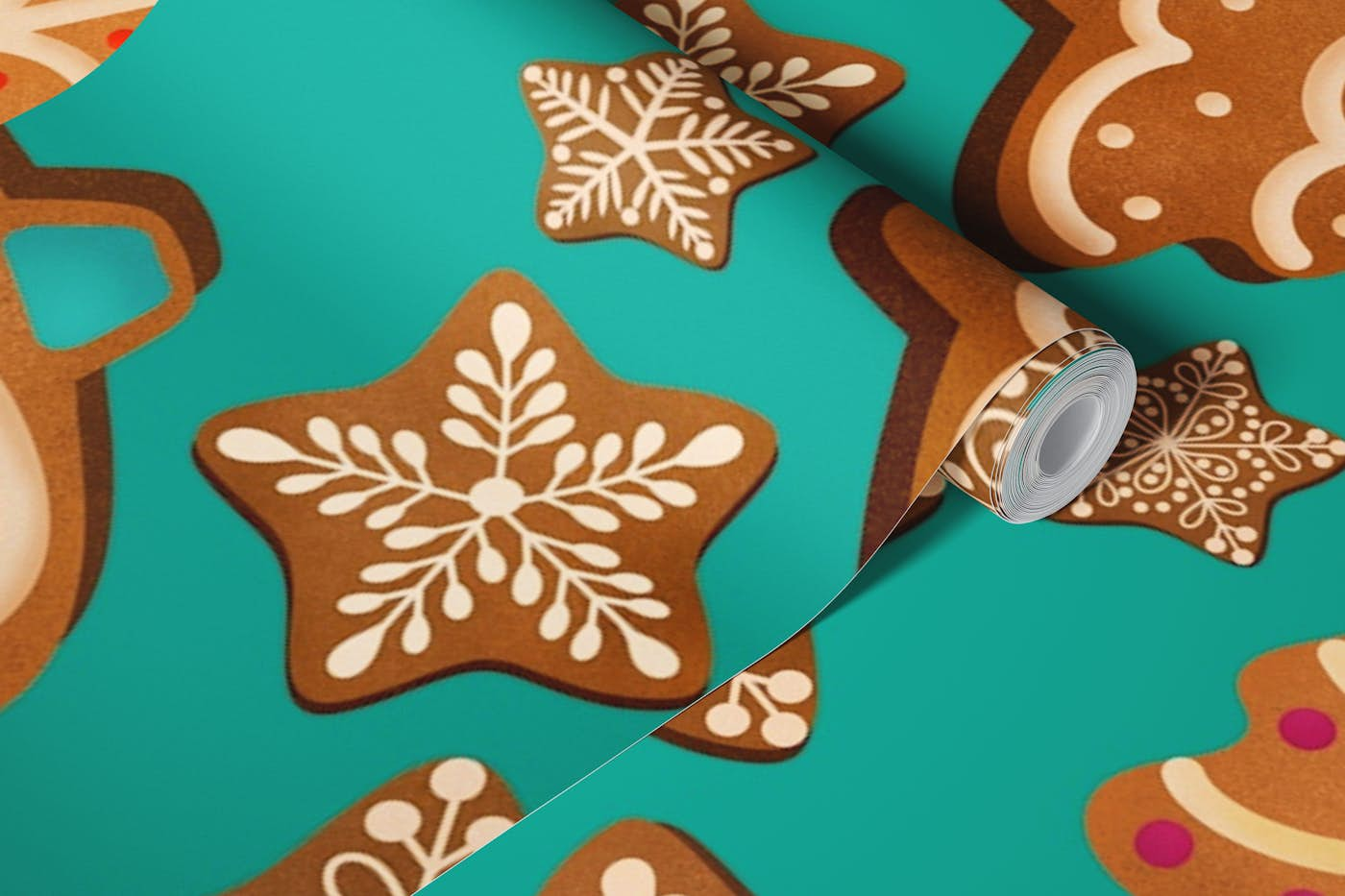 Christmas Gingerbread Cookies 2 on Turquoise wallpaper roll