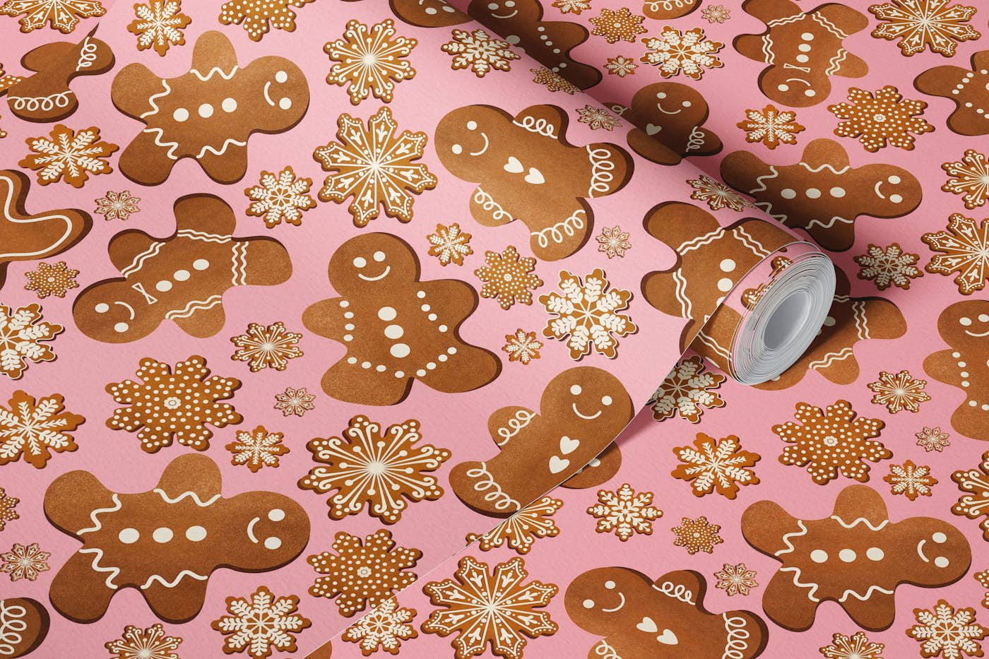 Christmas Gingerbread Cookies 1 on Pink wallpaper roll