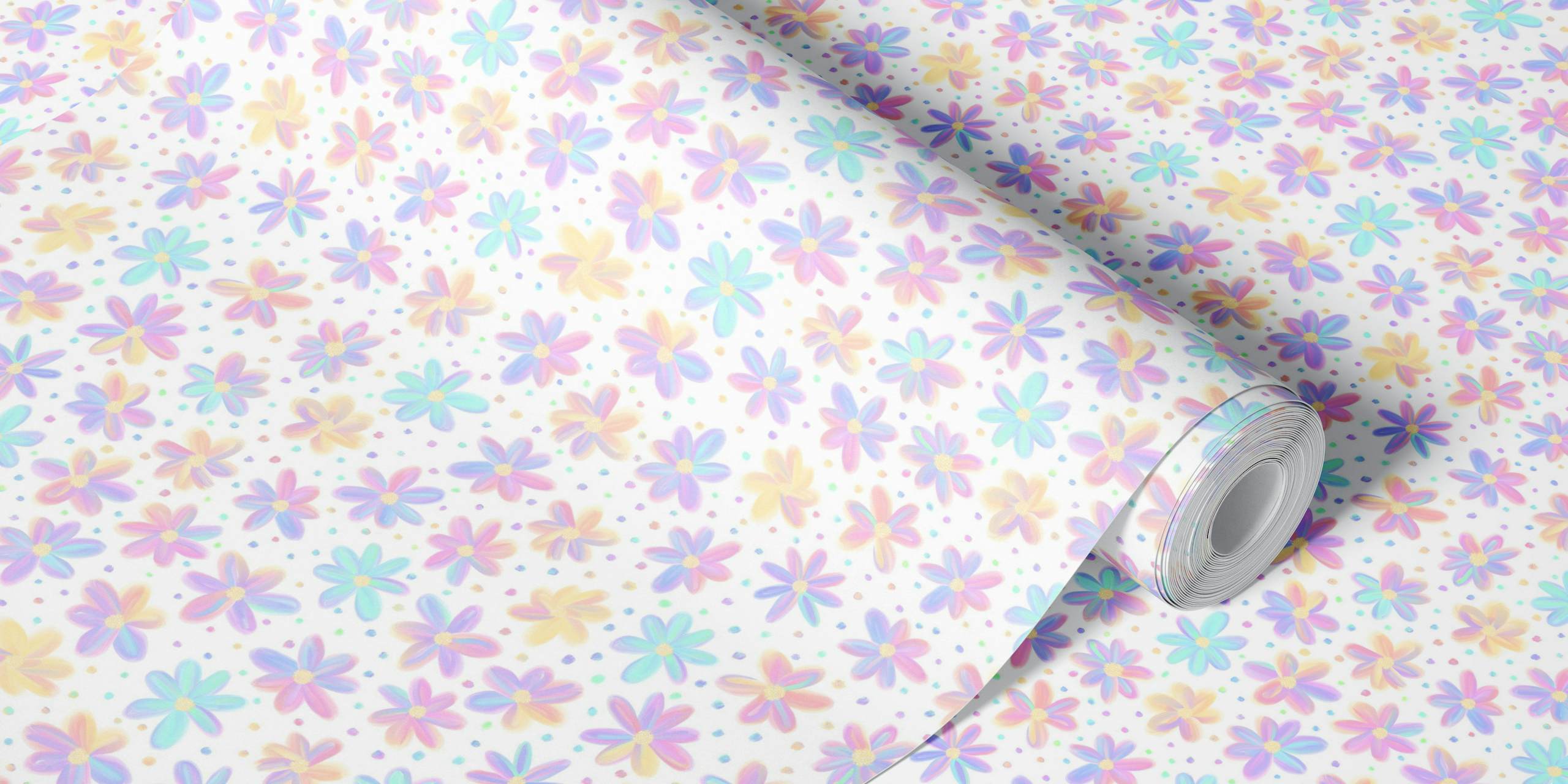 Colorful daisy pattern wall mural with pastel rainbow colors on a white background