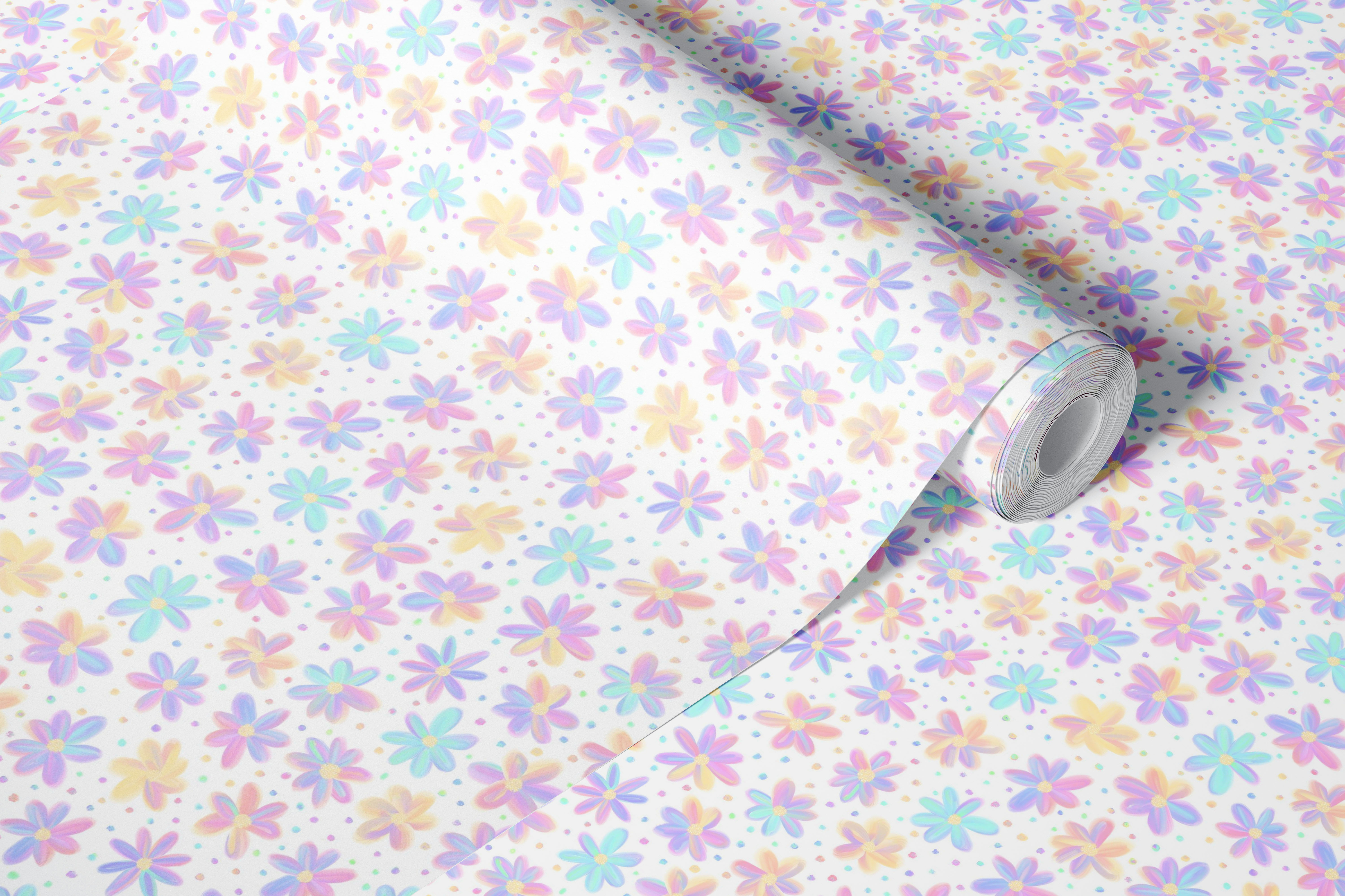 Fotomural vinílico de parede colorido com padrão de margarida e cores pastel do arco-íris em um fundo branco