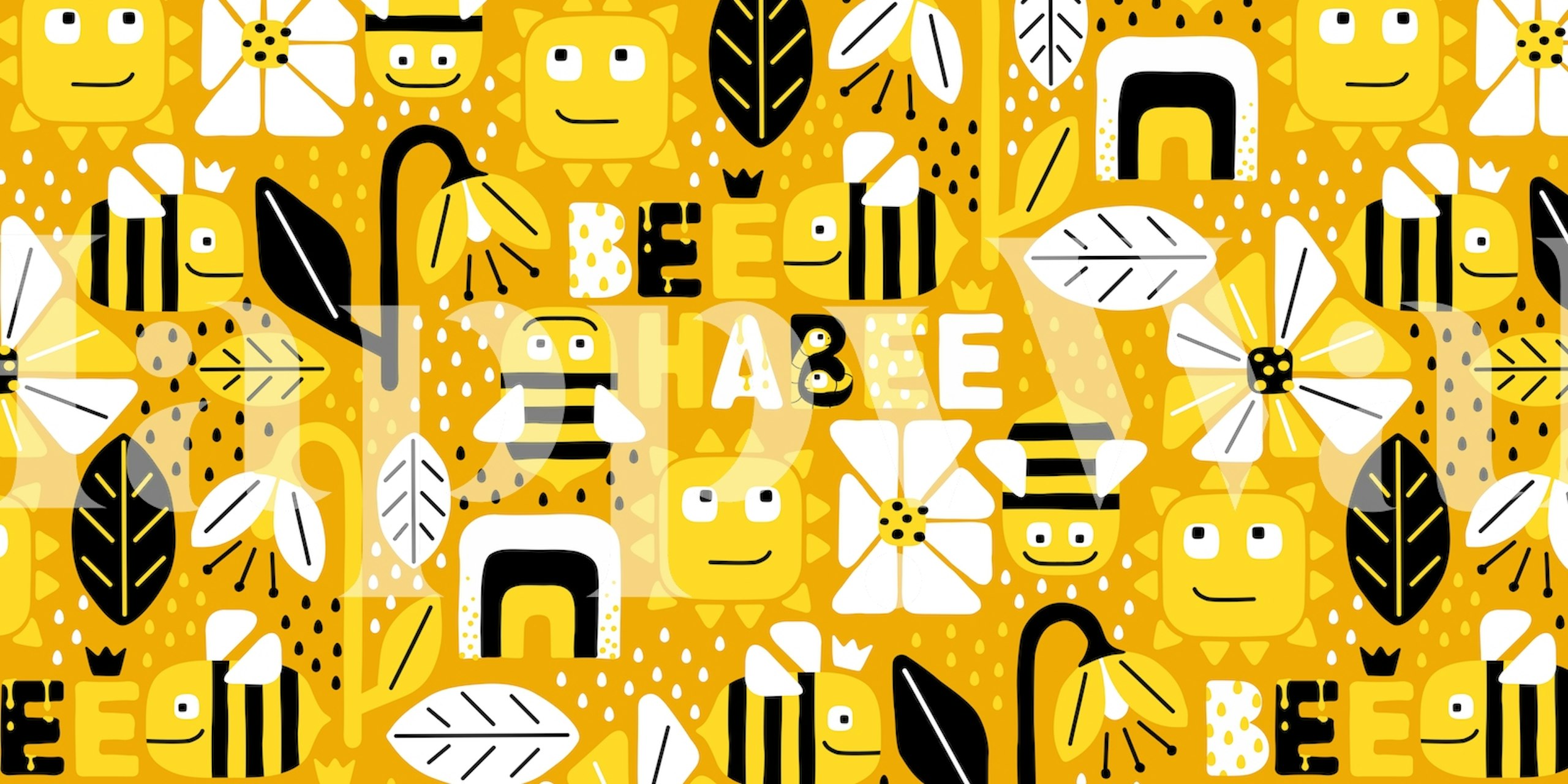 Colorful bee and flower patterns in black and white on yellow wallpaper
